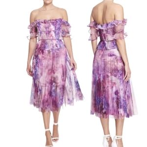 Marchesa Notie Pleated Off-Shoulder Printed Chiffon Dress Size 12